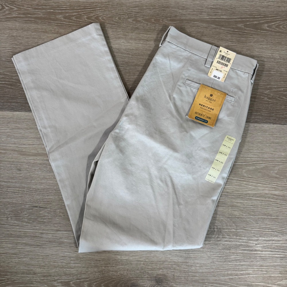NWT Haggar Heritage Collection Chino Mens 38x32 Ash Gray Straight Fit HC10700